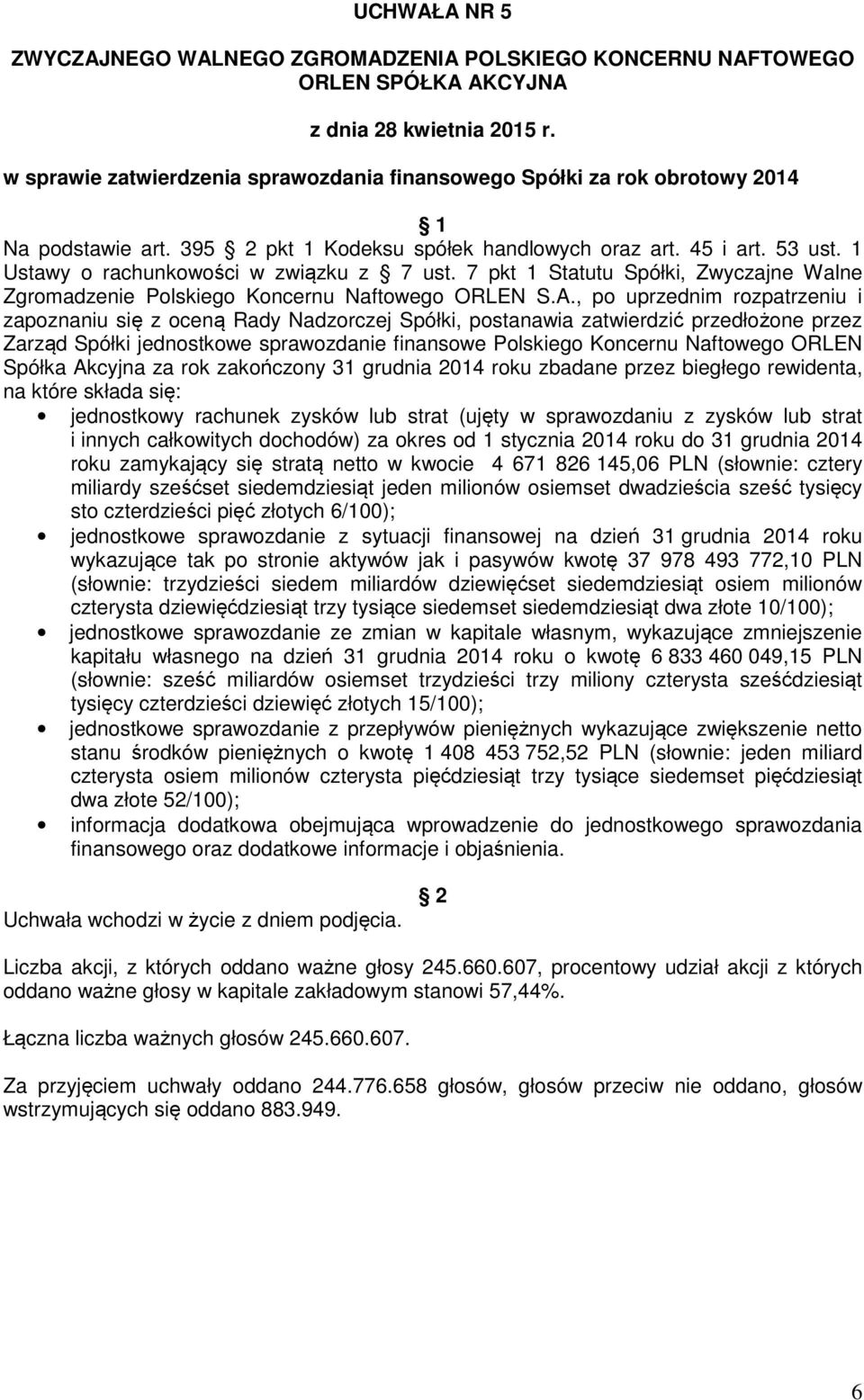 , po uprzednim rozpatrzeniu i zapoznaniu się z oceną Rady Nadzorczej Spółki, postanawia zatwierdzić przedłożone przez Zarząd Spółki jednostkowe sprawozdanie finansowe Polskiego Koncernu Naftowego