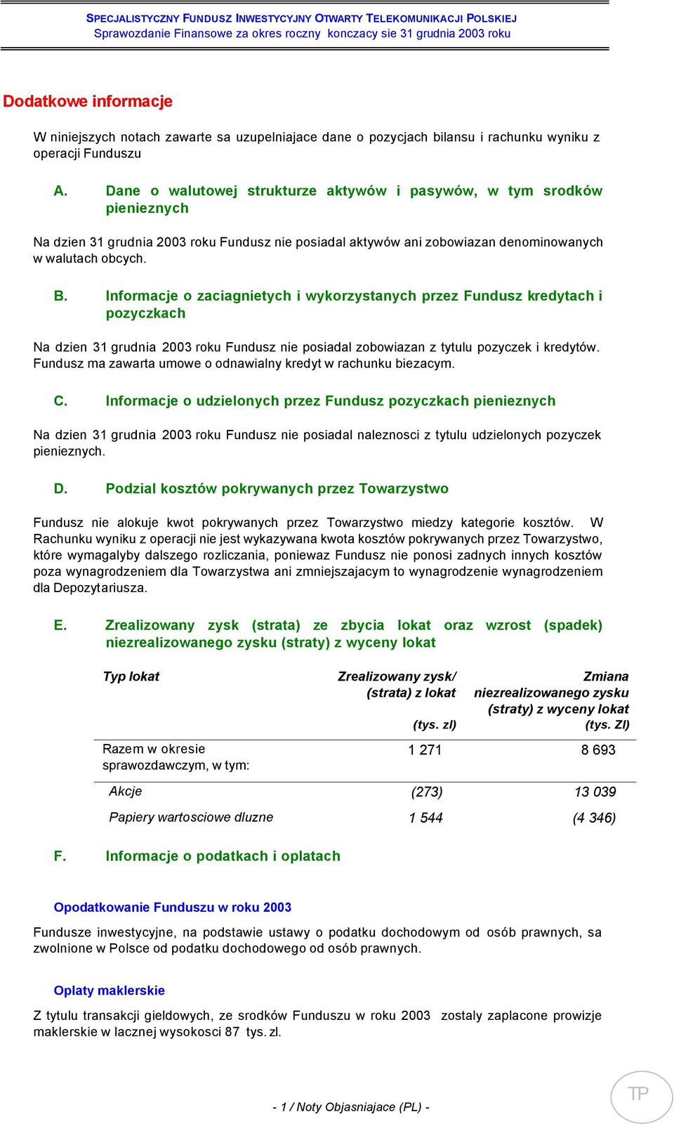 Informacje o zaciagnietych i wykorzystanych przez Fundusz kredytach i pozyczkach Na dzien 31 grudnia 2003 roku Fundusz nie posiadal zobowiazan z tytulu pozyczek i kredytów.