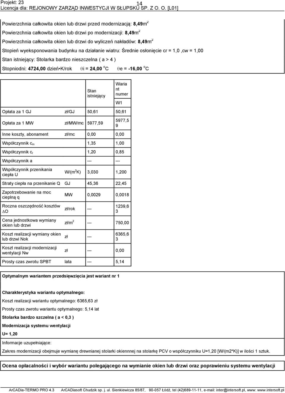 -16,00 o C Stan istniejący Waria nt numer W1 Opłata za 1 GJ zł/gj 50,61 50,61 Opłata za 1 MW zł/mw/mc 577,5 577,5 Inne koszty, abonament zł/mc 0,00 0,00 Współczynnik c m 1,35 1,00 Współczynnik c r