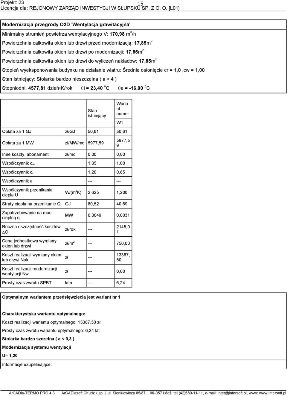 1,0,cw = 1,00 Stan istniejący: Stolarka bardzo nieszczelna ( a > 4 ) Stopniodni: 4577,81 dzień K/rok i = 23,40 o C e = -16,00 o C Stan istniejący Waria nt numer W1 Opłata za 1 GJ zł/gj 50,61 50,61