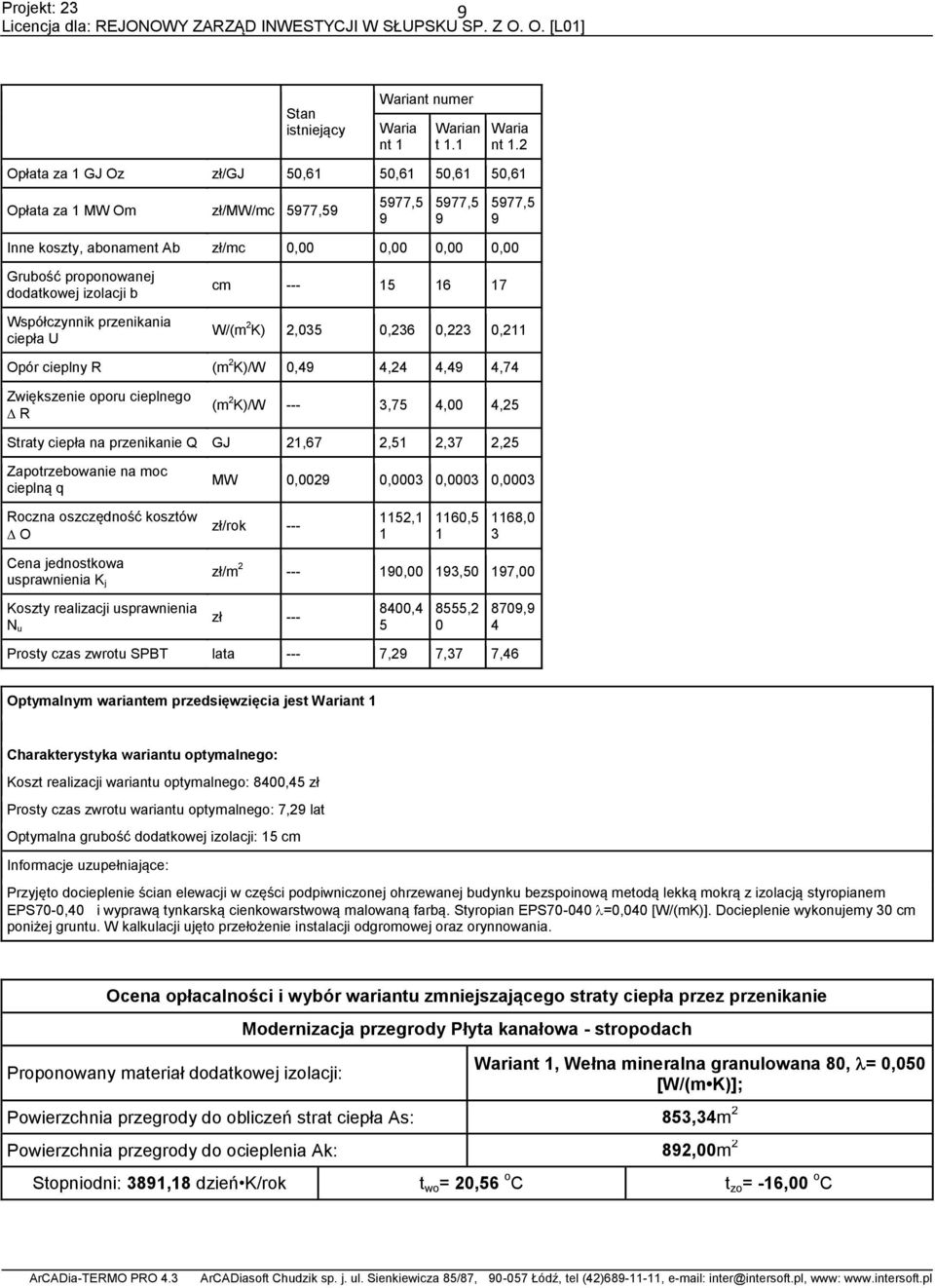 Współczynnik przenikania ciepła U cm --- 15 16 17 W/(m 2 K) 2,035 0,236 0,223 0,211 Opór cieplny R (m 2 K)/W 0,4 4,24 4,4 4,74 Zwiększenie oporu cieplnego R (m 2 K)/W --- 3,75 4,00 4,25 Straty ciepła