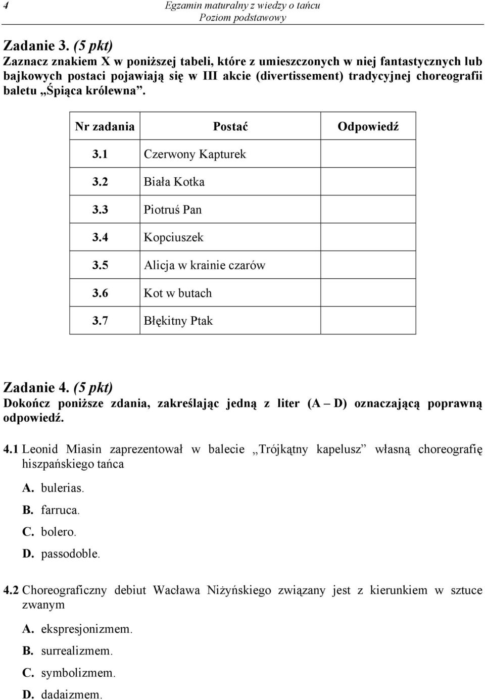 królewna. Nr zadania Postać Odpowiedź 3.1 Czerwony Kapturek 3.2 Biała Kotka 3.3 Piotruś Pan 3.4 Kopciuszek 3.5 Alicja w krainie czarów 3.6 Kot w butach 3.7 Błękitny Ptak Zadanie 4.