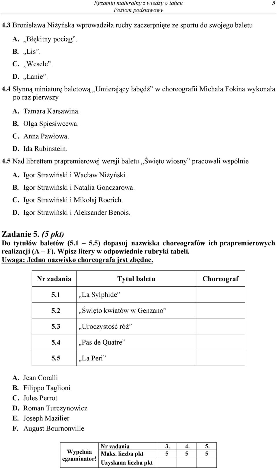 C. Igor Strawiński i Mikołaj Roerich. D. Igor Strawiński i Aleksander Benois. Zadanie 5. (5 pkt) Do tytułów baletów (5.1 5.5) dopasuj nazwiska choreografów ich prapremierowych realizacji (A F).