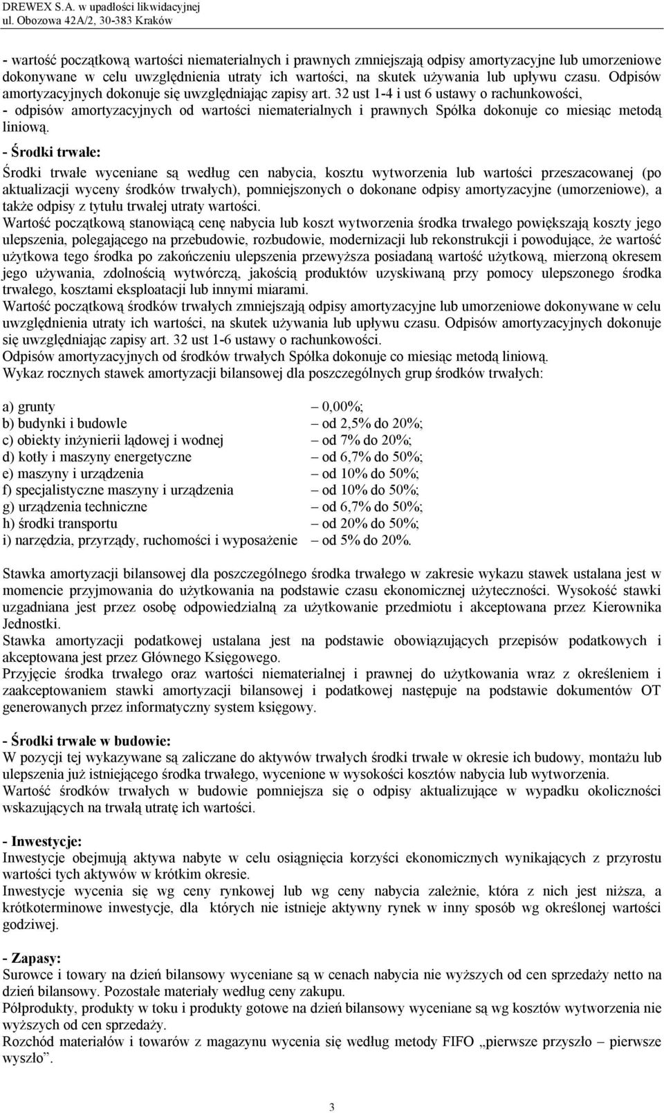 32 ust 1-4 i ust 6 ustawy o rachunkowości, - odpisów amortyzacyjnych od wartości niematerialnych i prawnych Spółka dokonuje co miesiąc metodą liniową.