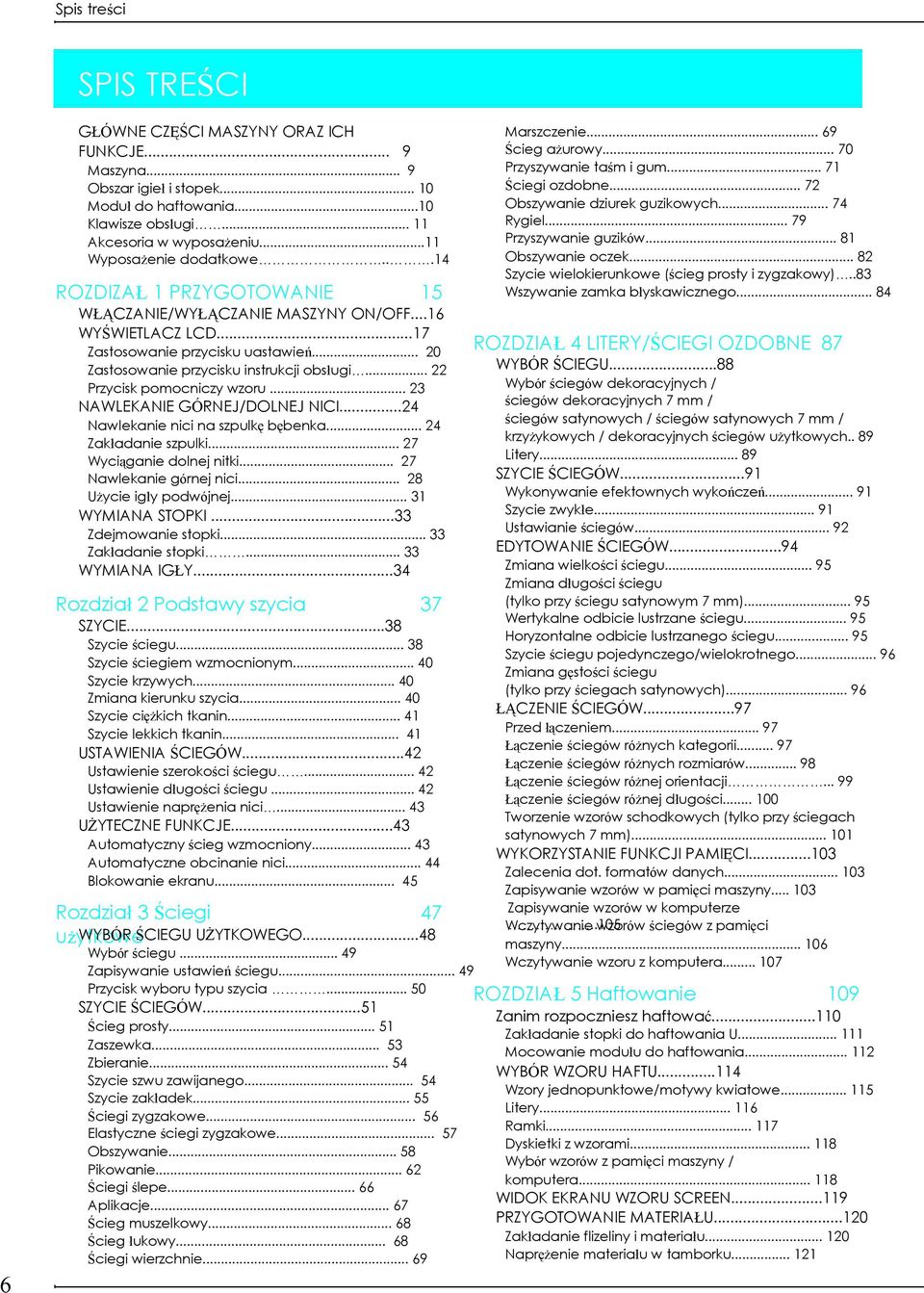 .. 82 Szycie wielokierunkowe (ścieg prosty i zygzkowy)..83 ROZDIZAŁ 1 PRZYGOTOWANIE 15 Wszywnie zmk łyskwicznego... 84 WŁĄCZANIE/WYŁĄCZANIE MASZYNY ON/OFF...16 WYŚWIETLACZ LCD.