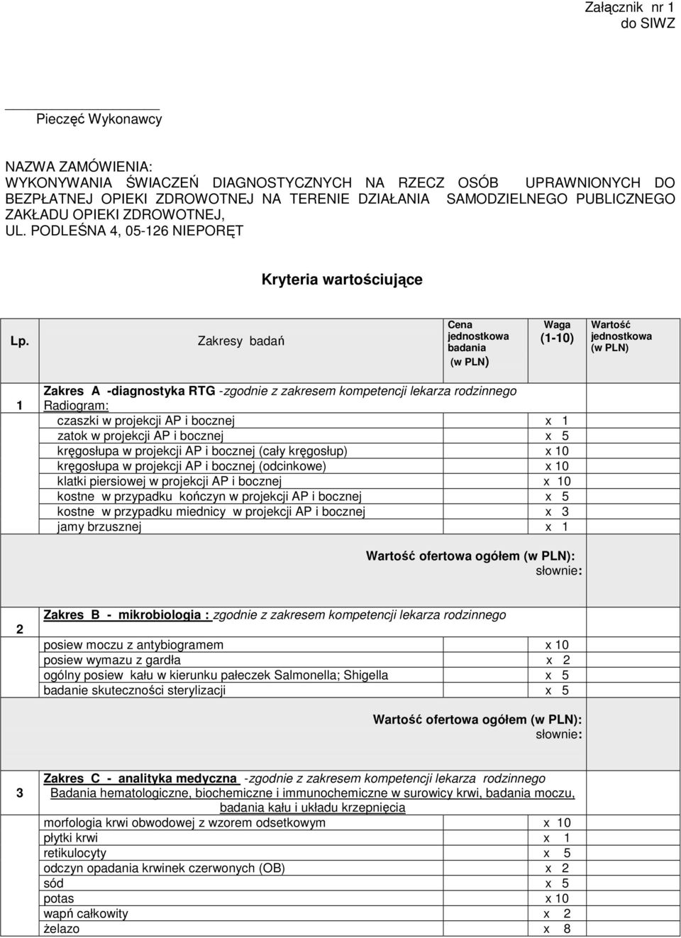 Zakresy badań Cena jednostkowa badania (w PLN) Waga (1-10) Wartość jednostkowa (w PLN) 1 Zakres A -diagnostyka RTG -zgodnie z zakresem kompetencji lekarza rodzinnego Radiogram: czaszki w projekcji AP