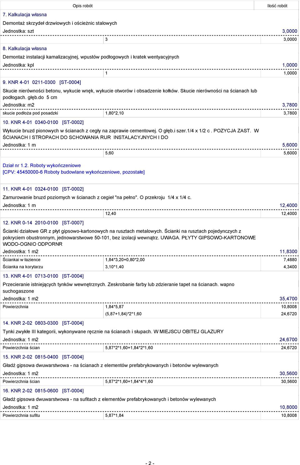 KNR 4-01 0211-0300 [ST-0004] Skucie nierówności betonu, wykucie wnęk, wykucie otworów i obsadzenie kołków. Skucie nierówności na ścianach lub podłogach. głęb.