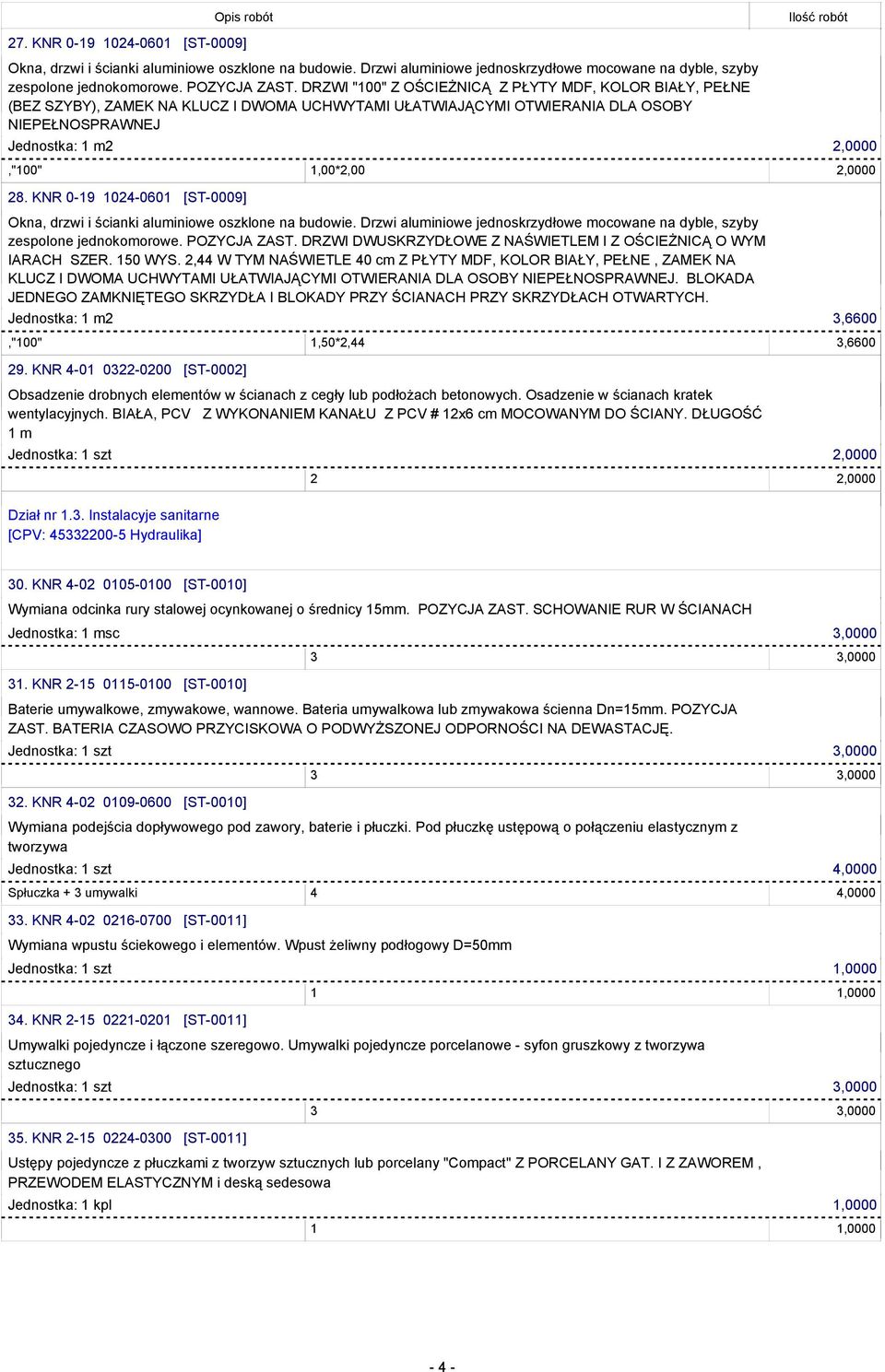 2,0000 28. KNR 0-19 1024-0601 [ST-0009] Okna, drzwi i ścianki aluminiowe oszklone na budowie. Drzwi aluminiowe jednoskrzydłowe mocowane na dyble, szyby zespolone jednokomorowe. POZYCJA ZAST.