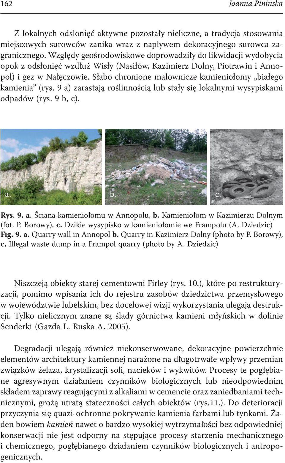 Słabo chronione malownicze kamieniołomy białego kamienia (rys. 9 a) zarastają roślinnością lub stały się lokalnymi wysypiskami odpadów (rys. 9 b, c). a. b. c. Rys. 9. a. Ściana kamieniołomu w Annopolu, b.