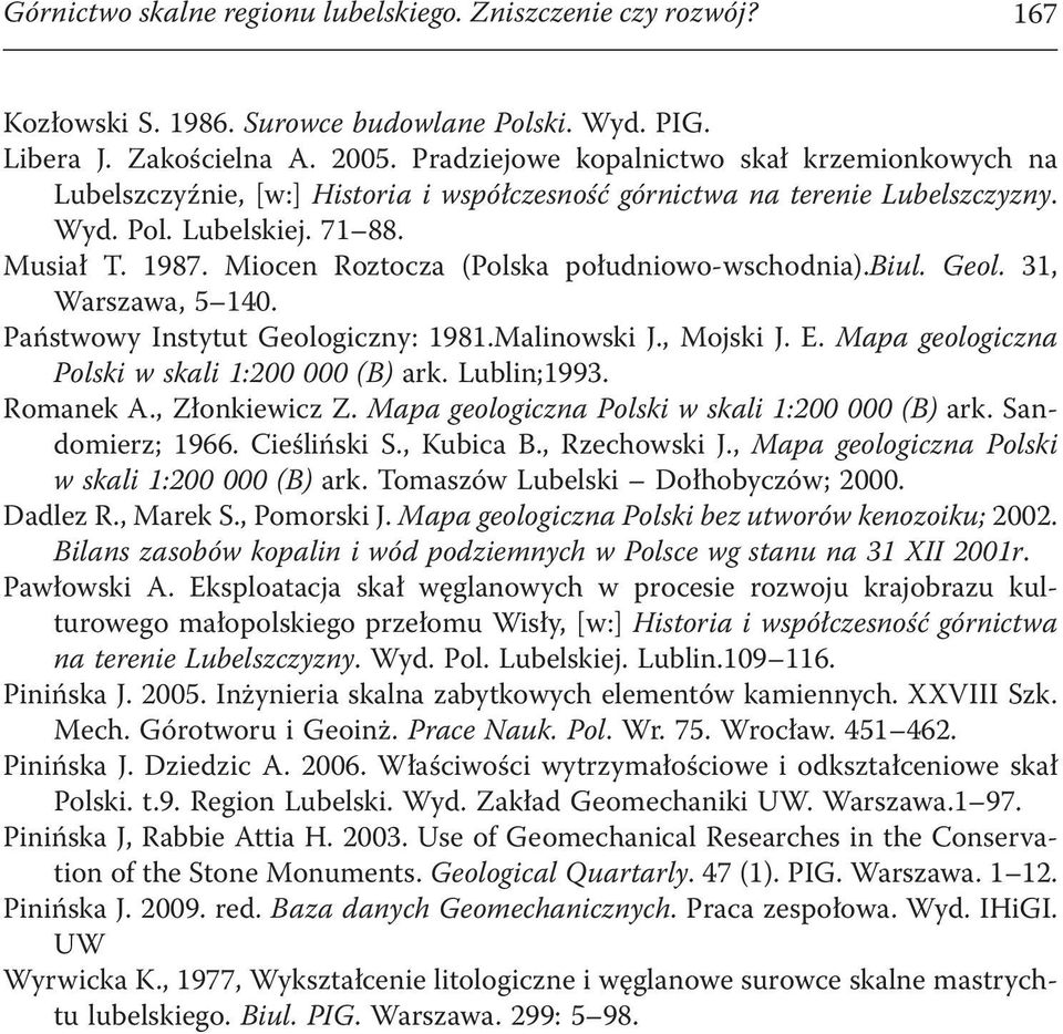 Miocen Roztocza (Polska południowo-wschodnia).biul. Geol. 31, Warszawa, 5 140. Państwowy Instytut Geologiczny: 1981.Malinowski J., Mojski J. E. Mapa geologiczna Polski w skali 1:200 000 (B) ark.