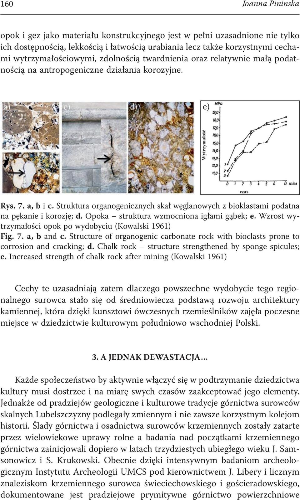 Struktura organogenicznych skał węglanowych z bioklastami podatna na pękanie i korozję; d. Opoka struktura wzmocniona igłami gąbek; e. Wzrost wytrzymałości opok po wydobyciu (Kowalski 1961) Fig. 7.