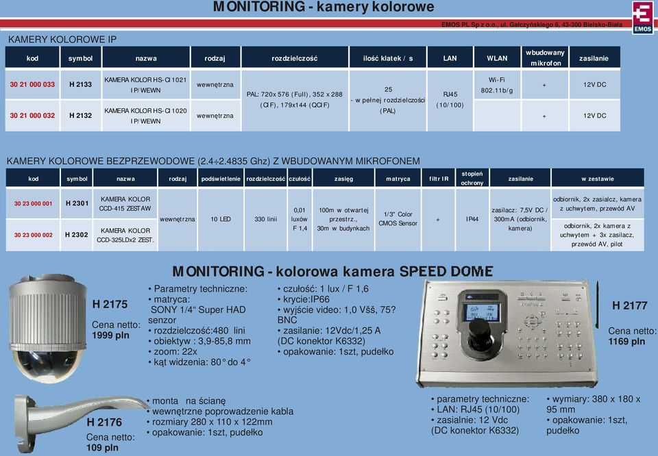 4835 Ghz) Z WBUDOWANYM MIKROFONEM kod symbol nazwa rodzaj podświetlenie rozdzielczość czułość zasięg matryca filtr IR stopień ochrony zasilanie w zestawie 30 23 000 001 H 2301 30 23 000 002 H 2302