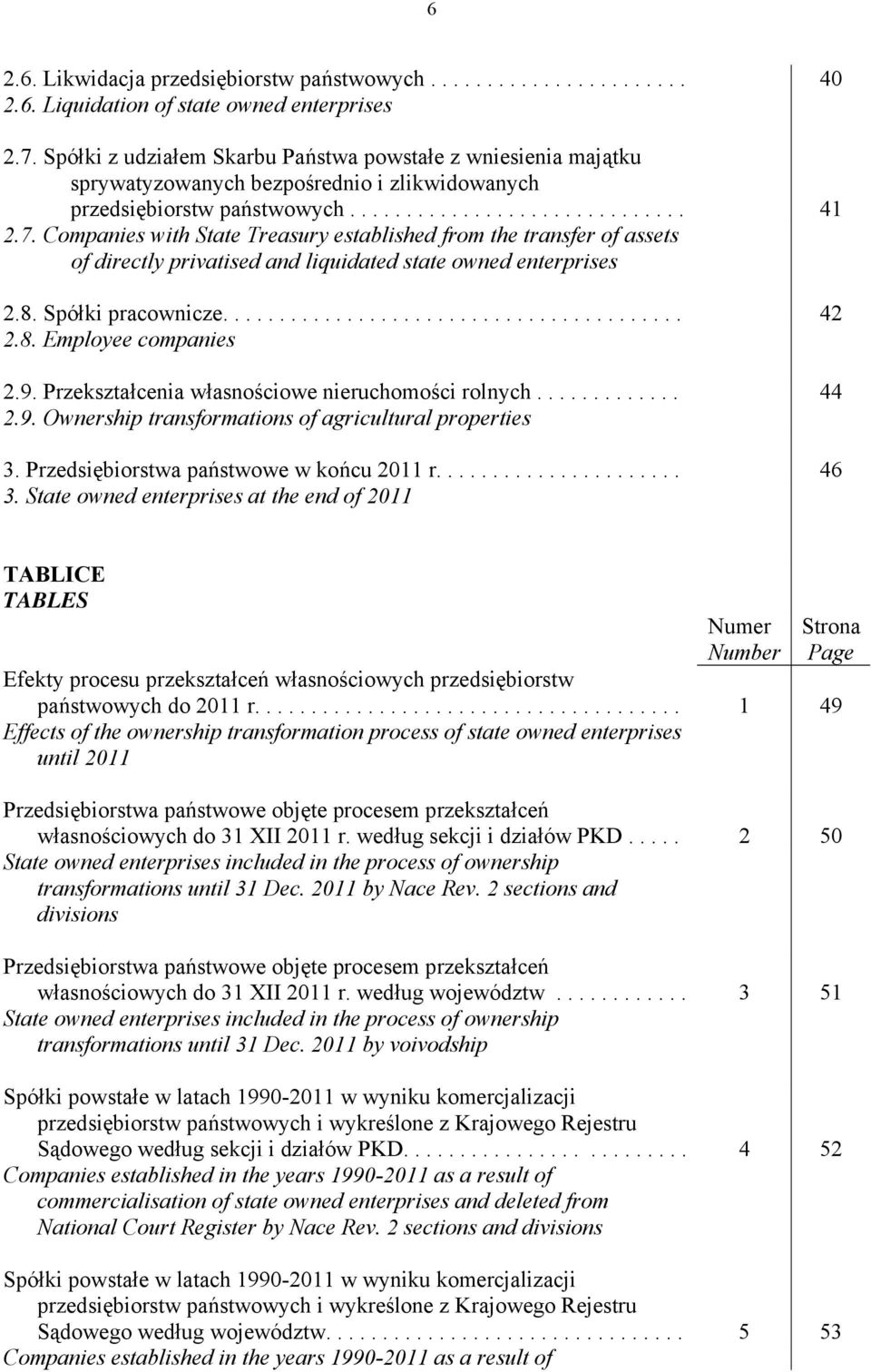 Companies with State Treasury established from the transfer of assets of directly privatised and liquidated state owned enterprises 2.8. Spółki pracownicze......................................... 42 2.
