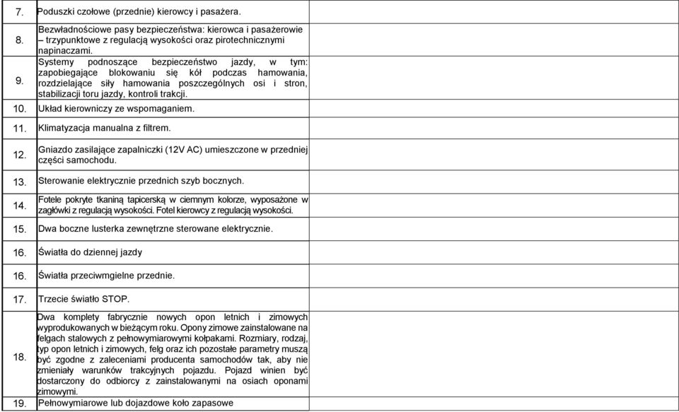 10. Układ kierowniczy ze wspomaganiem. 11. Klimatyzacja manualna z filtrem. 12. Gniazdo zasilające zapalniczki (12V AC) umieszczone w przedniej części samochodu. 13.