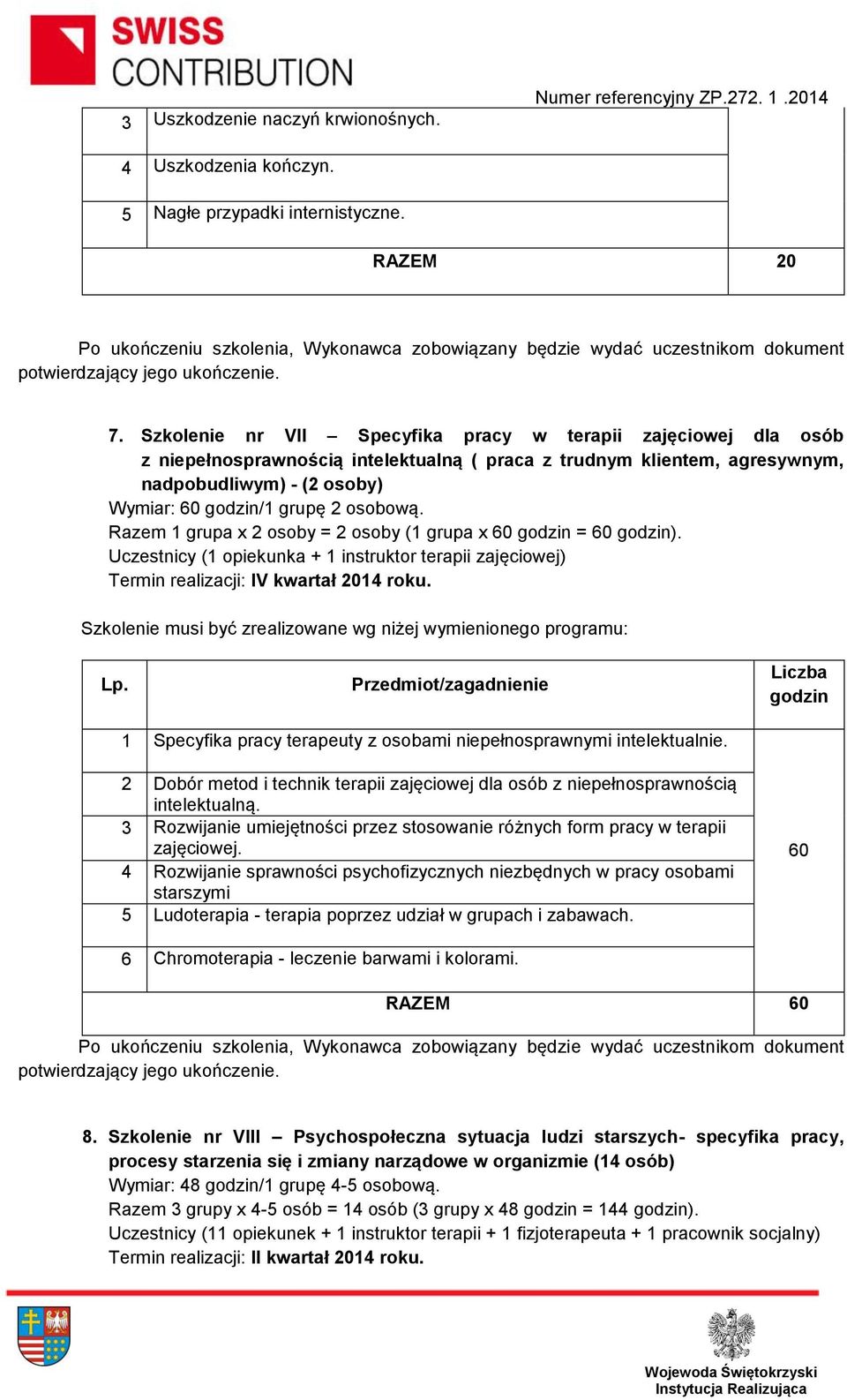 Razem 1 grupa x 2 osoby = 2 osoby (1 grupa x 60 = 60 ). Uczestnicy (1 opiekunka + 1 instruktor terapii zajęciowej) Termin realizacji: IV kwartał 2014 roku.