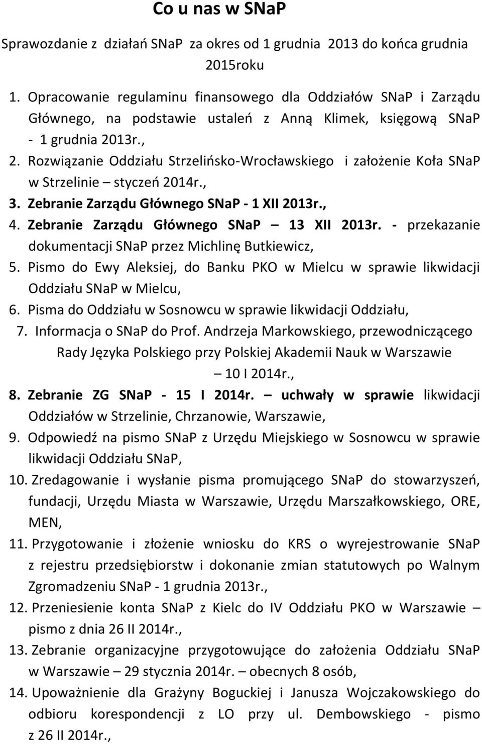 Rozwiązanie Oddziału Strzelińsko-Wrocławskiego i założenie Koła SNaP w Strzelinie styczeń 2014r., 3. Zebranie Zarządu Głównego SNaP - 1 XII 2013r., 4. Zebranie Zarządu Głównego SNaP 13 XII 2013r.