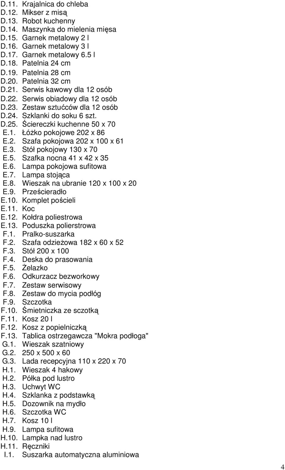 Ściereczki kuchenne 50 x 70 E.1. ŁóŜko pokojowe 202 x 86 E.2. Szafa pokojowa 202 x 100 x 61 E.3. Stół pokojowy 130 x 70 E.5. Szafka nocna 41 x 42 x 35 E.6. Lampa pokojowa sufitowa E.7. Lampa stojąca E.
