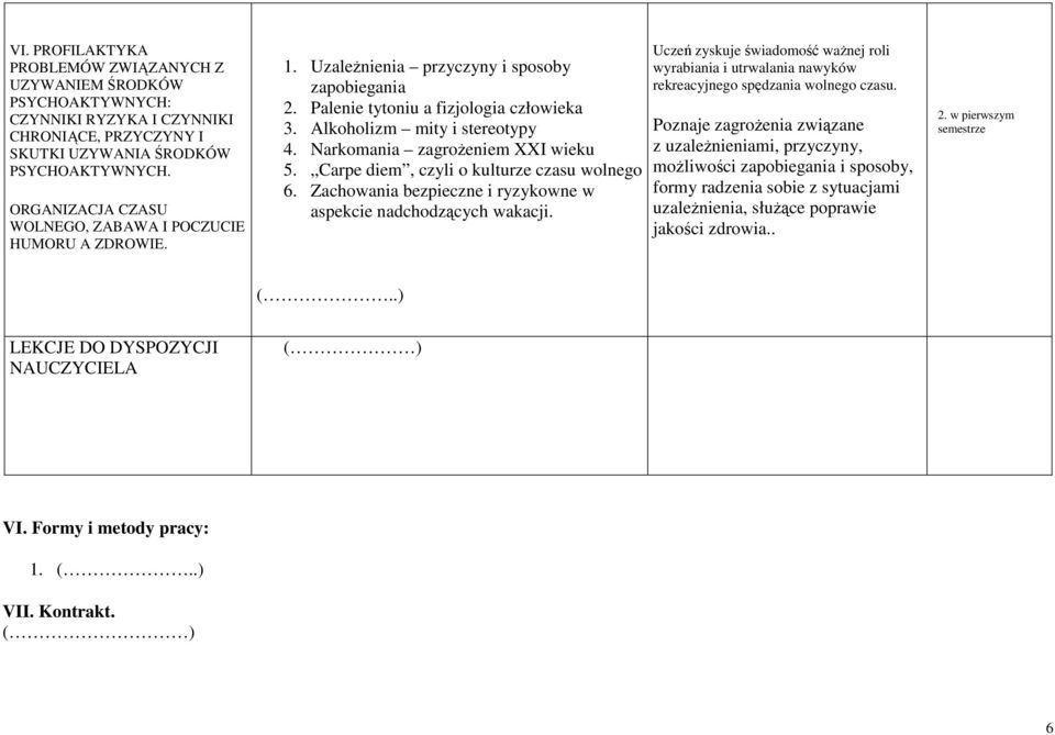 Narkomania zagroŝeniem XXI wieku 5. Carpe diem, czyli o kulturze czasu wolnego 6. Zachowania bezpieczne i ryzykowne w aspekcie nadchodzących wakacji.