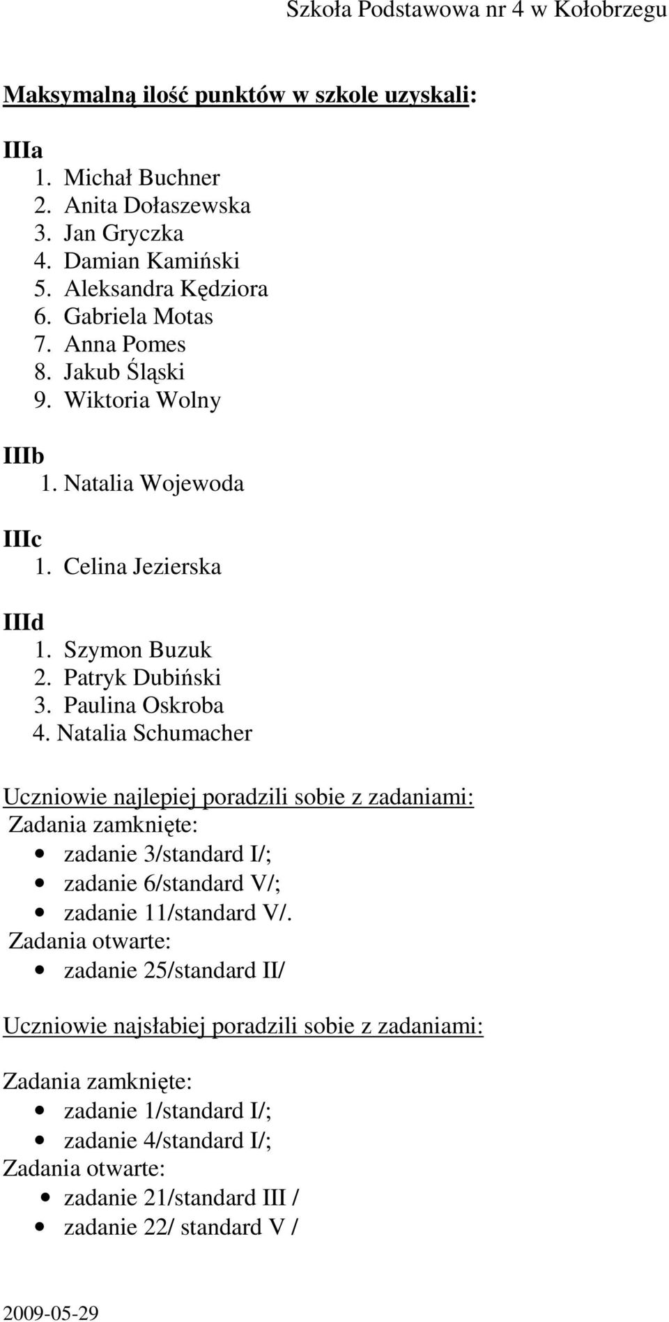 Natalia Schumacher Uczniowie najlepiej poradzili sobie z zadaniami: Zadania zamknięte: zadanie 3/standard I/; zadanie 6/standard V/; zadanie 11/standard V/.