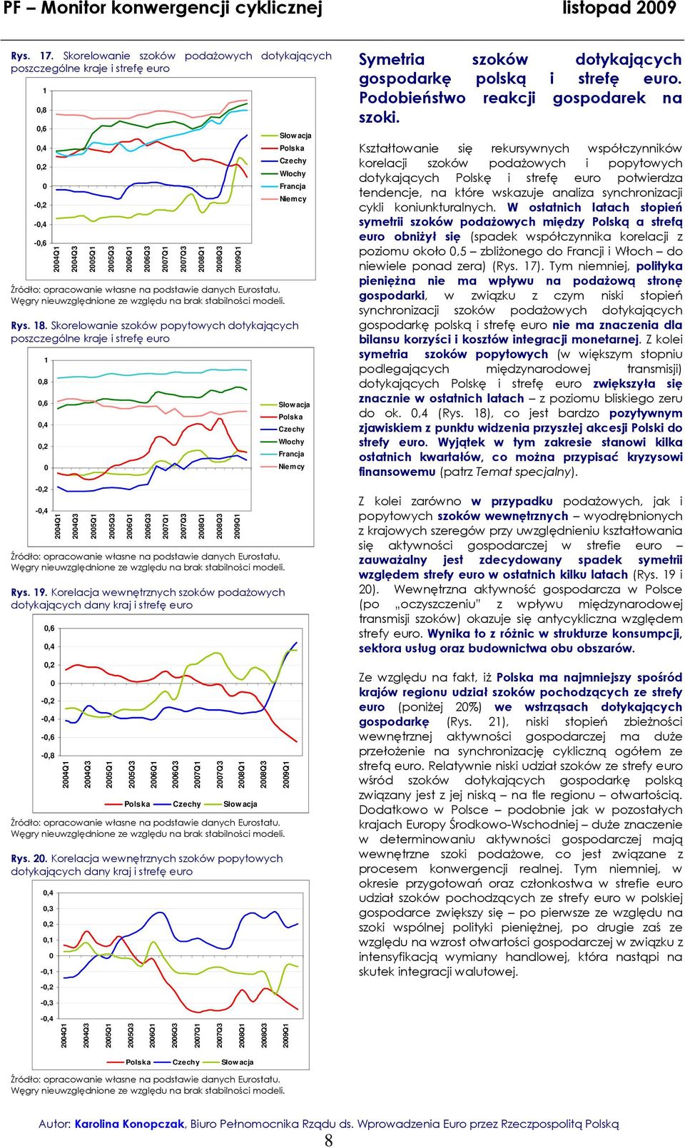 . Korelacja wewnęrznych szoków popyowych doykających dany kraj srefę euro,,,, -, -, 8Q 9Q Symera szoków doykających gospodarkę polską srefę euro. Podobeńswo reakcj gospodarek na szok.