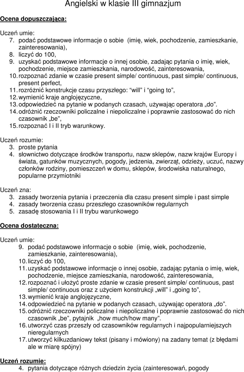 rozpoznać zdanie w czasie present simple/ continuous, past simple/ continuous, present perfect, 11. rozróŝnić konstrukcje czasu przyszłego: will i going to, 12. wymienić kraje anglojęzyczne, 13.