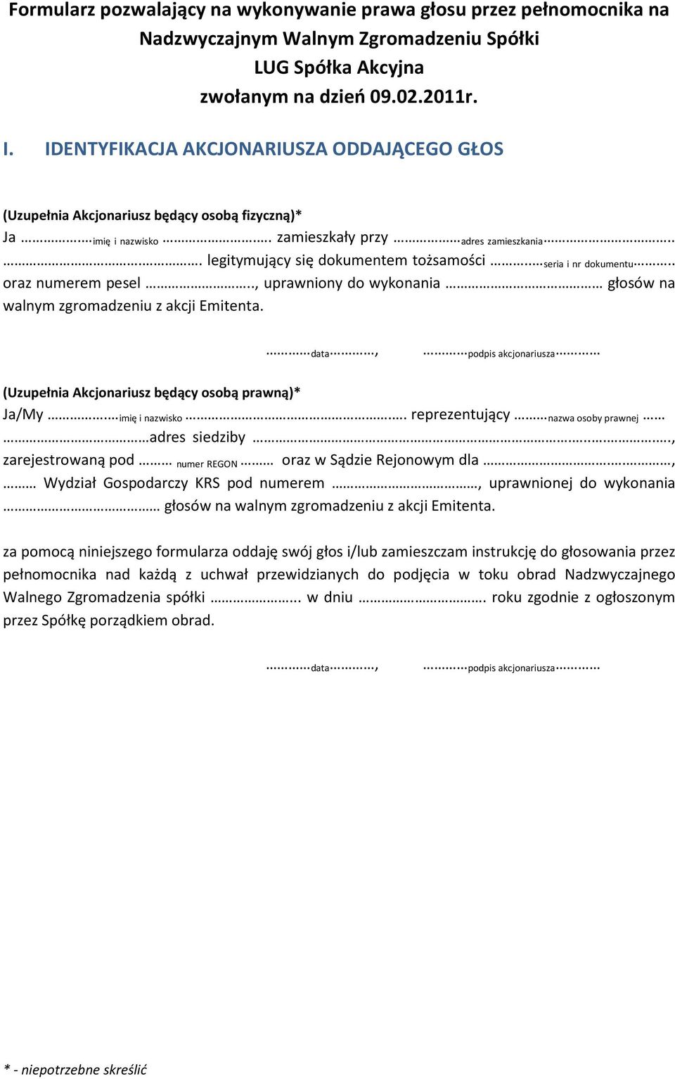 . seria i nr dokumentu.. oraz numerem pesel.., uprawniony do wykonania głosów na walnym zgromadzeniu z akcji Emitenta. data, podpis akcjonariusza (Uzupełnia Akcjonariusz będący osobą prawną)* Ja/My.