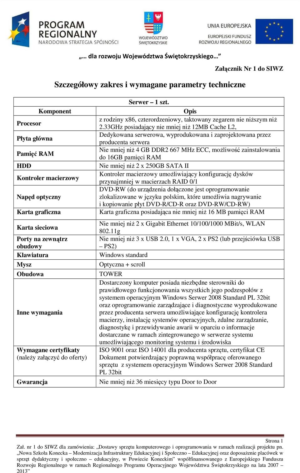 33GHz posiadający nie mniej niŝ 12MB Cache L2, Dedykowana serwerowa, wyprodukowana i zaprojektowana przez producenta serwera Nie mniej niŝ 4 GB DDR2 667 MHz ECC, moŝliwość zainstalowania do 16GB