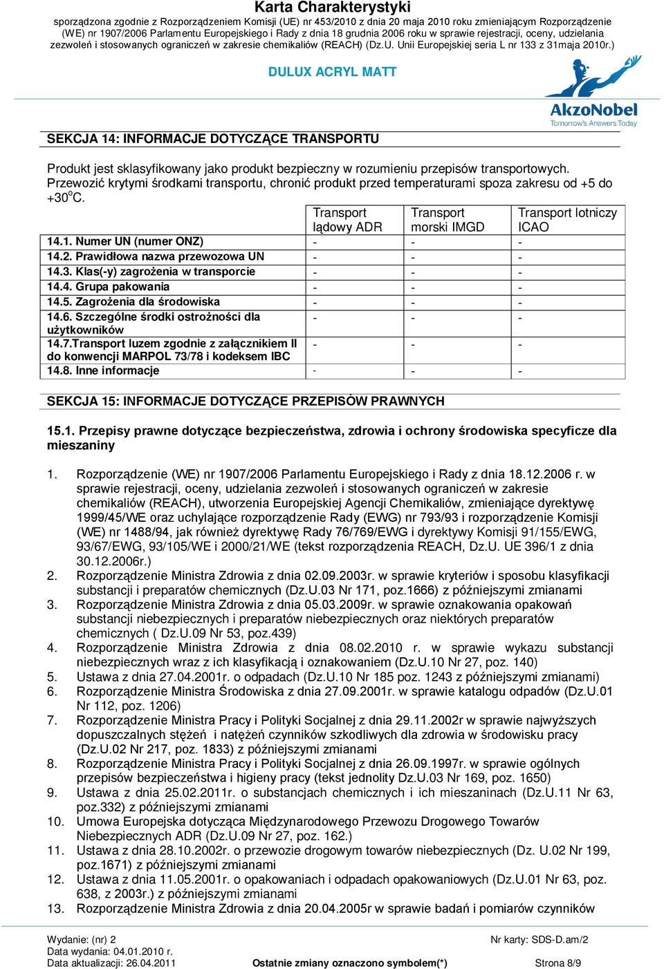 Prawidłowa nazwa przewozowa UN - - - 14.3. Klas(-y) zagrożenia w transporcie - - - 14.4. Grupa pakowania - - - 14.5. Zagrożenia dla środowiska - - - 14.6.
