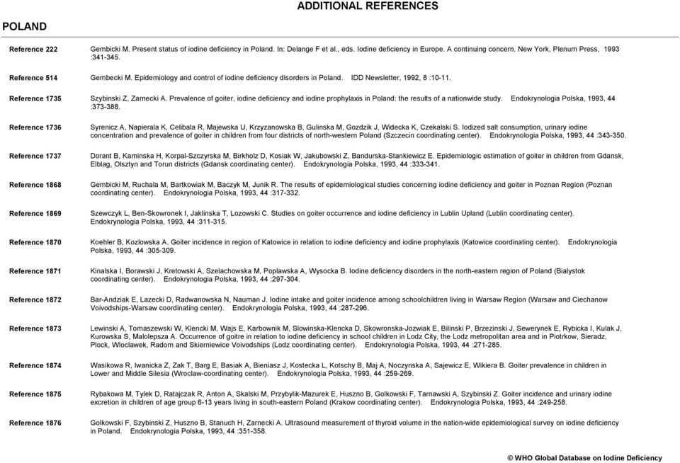 New York, Plenum Press, 1993 :341-345. Gembecki M. Epidemiology and control of iodine deficiency disorders in Poland. IDD Newsletter, 1992, 8 :10-11. Szybinski Z, Zarnecki A.