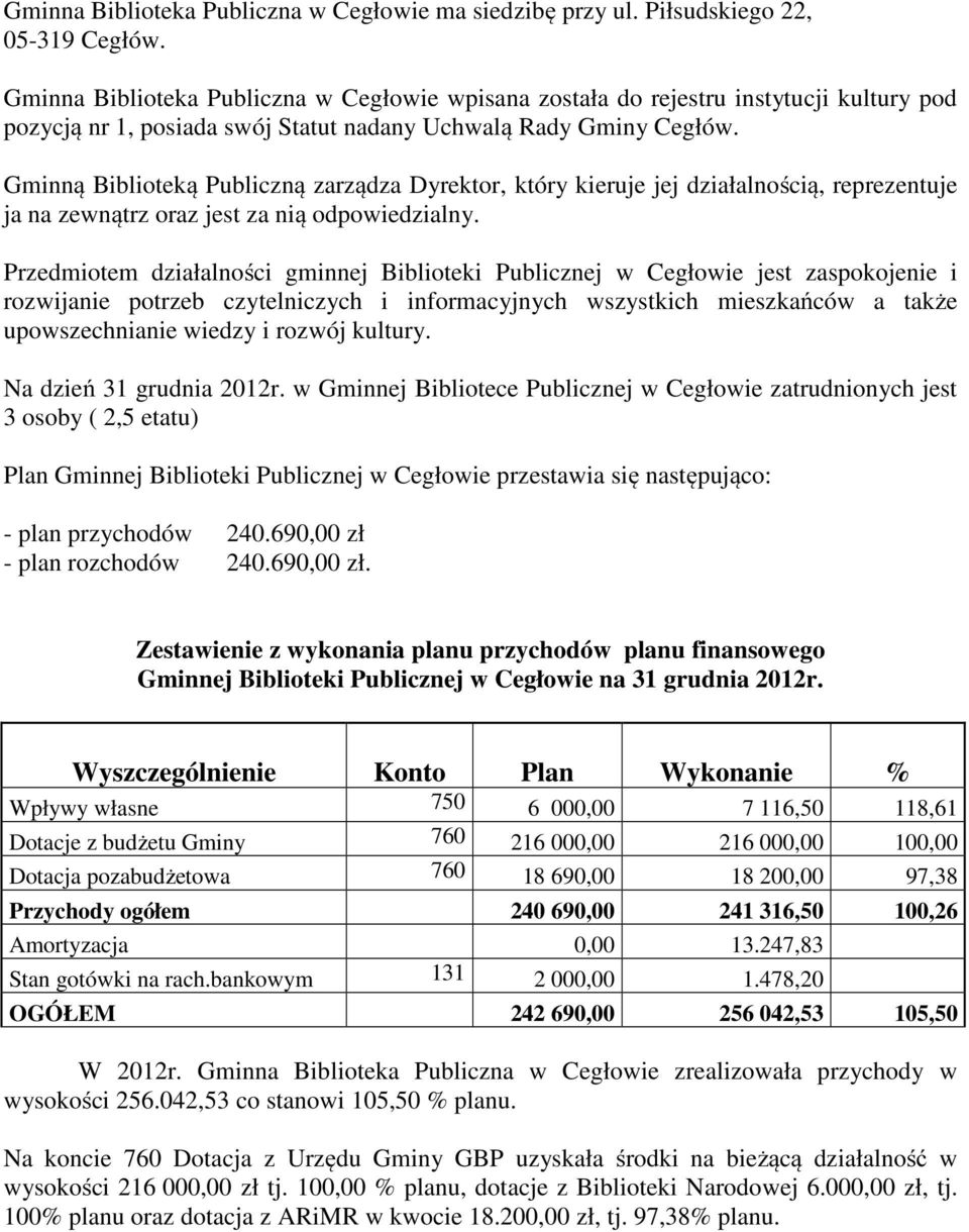 Gminną Biblioteką Publiczną zarządza Dyrektor, który kieruje jej działalnością, reprezentuje ja na zewnątrz oraz jest za nią odpowiedzialny.