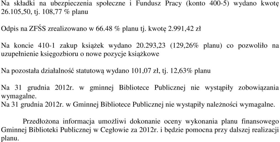 w gminnej Bibliotece Publicznej nie wystąpiły zobowiązania wymagalne. Na 31 grudnia 2012r. w Gminnej Bibliotece Publicznej nie wystąpiły należności wymagalne.