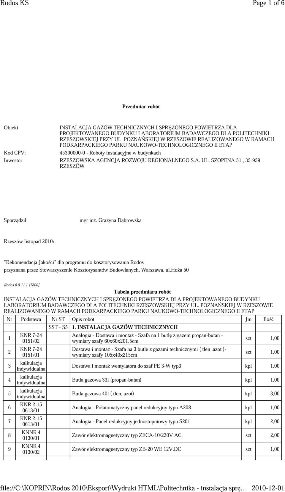 REGIONALNEGO S.A. UL. SZOPENA 51, 35-959 RZESZÓW Sporządził mgr inż. Grażyna Dąbrowska Rzeszów listopad 2010r.