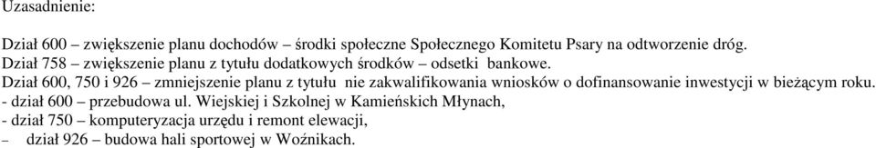 Dział 600, 750 i 926 zmniejszenie planu z tytułu nie zakwalifikowania wniosków o dofinansowanie inwestycji w bieŝącym