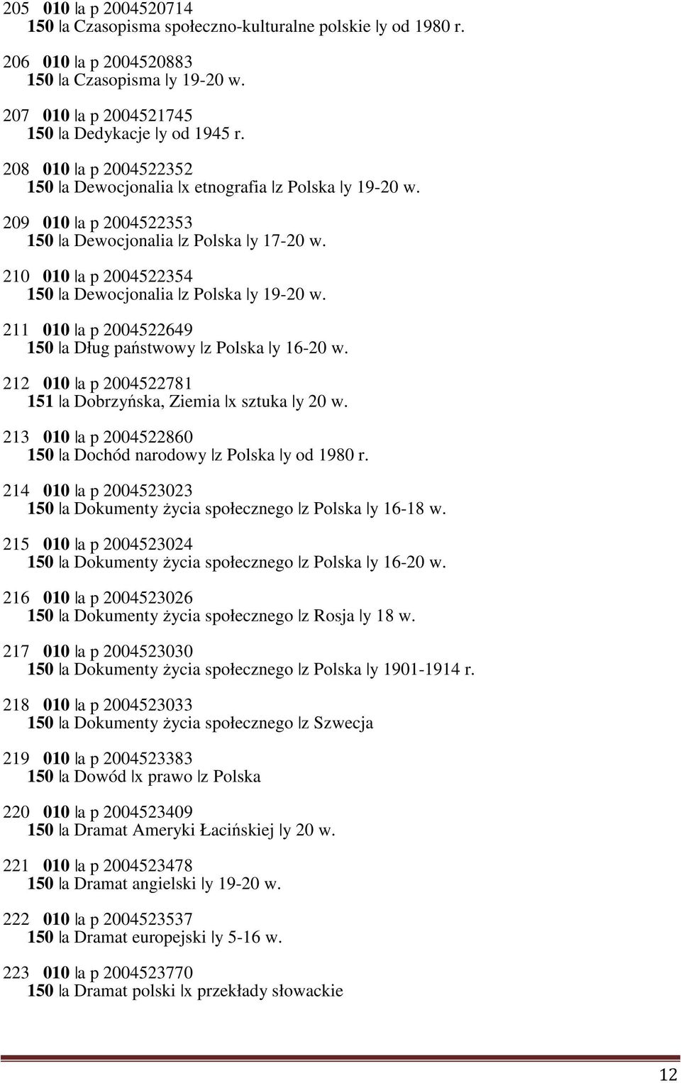 211 010 a p 2004522649 150 a Dług państwowy z Polska y 16-20 w. 212 010 a p 2004522781 151 a Dobrzyńska, Ziemia x sztuka y 20 w. 213 010 a p 2004522860 150 a Dochód narodowy z Polska y od 1980 r.