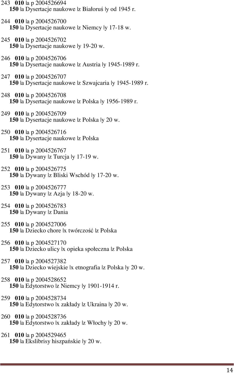 248 010 a p 2004526708 150 a Dysertacje naukowe z Polska y 1956-1989 r. 249 010 a p 2004526709 150 a Dysertacje naukowe z Polska y 20 w.