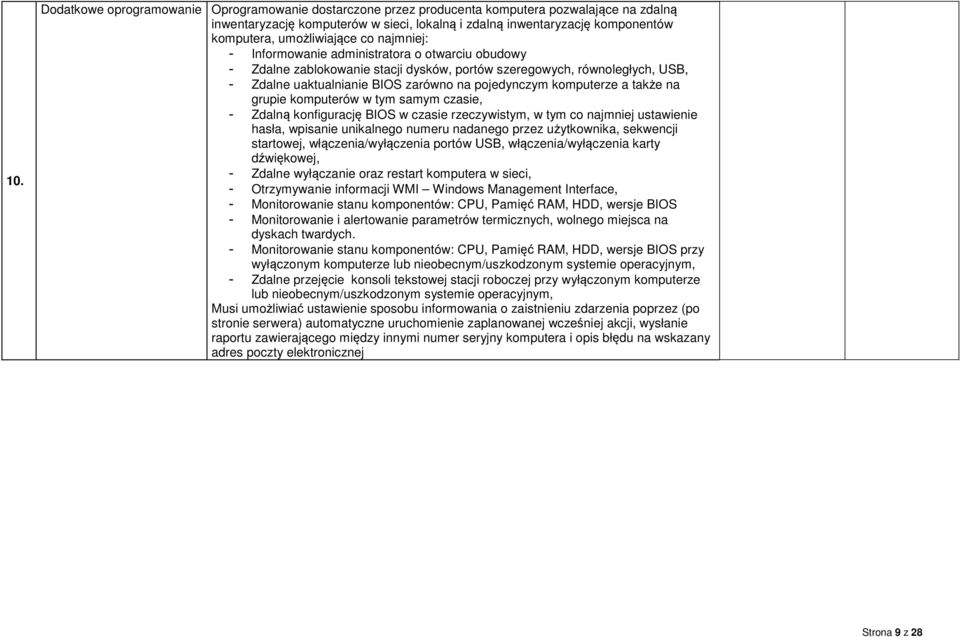 pojedynczym komputerze a także na grupie komputerów w tym samym czasie, - Zdalną konfigurację BIOS w czasie rzeczywistym, w tym co najmniej ustawienie hasła, wpisanie unikalnego numeru nadanego przez