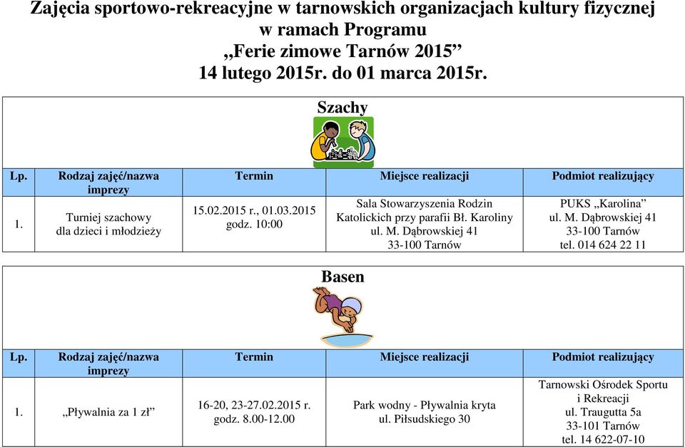 10:00 Sala Stowarzyszenia Rodzin Katolickich przy parafii Bł. Karoliny ul. M. Dąbrowskiej 41 Basen PUKS Karolina ul. M. Dąbrowskiej 41 tel.