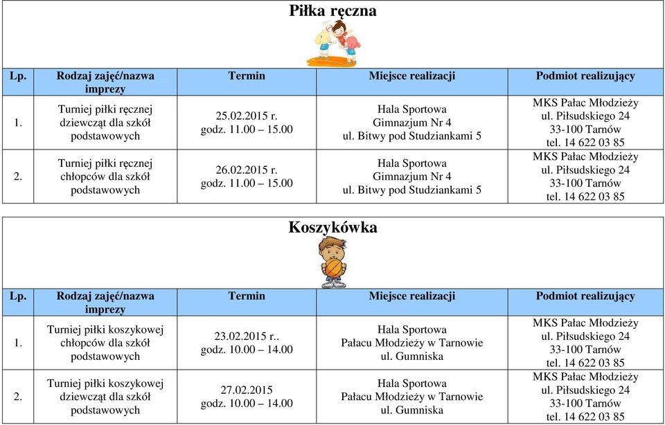 14 622 03 85 MKS Pałac Młodzieży tel. 14 622 03 85 2. Turniej piłki koszykowej chłopców dla szkół podstawowych Turniej piłki koszykowej dziewcząt dla szkół podstawowych 23.02.