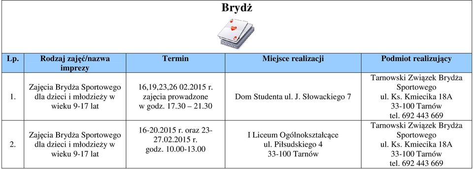 w wieku 9-17 lat 16,19,23,26 02.2015 r. zajęcia prowadzone w godz. 17.30 230 16-20.2015 r. oraz 23-27.02.2015 r. godz. 10.