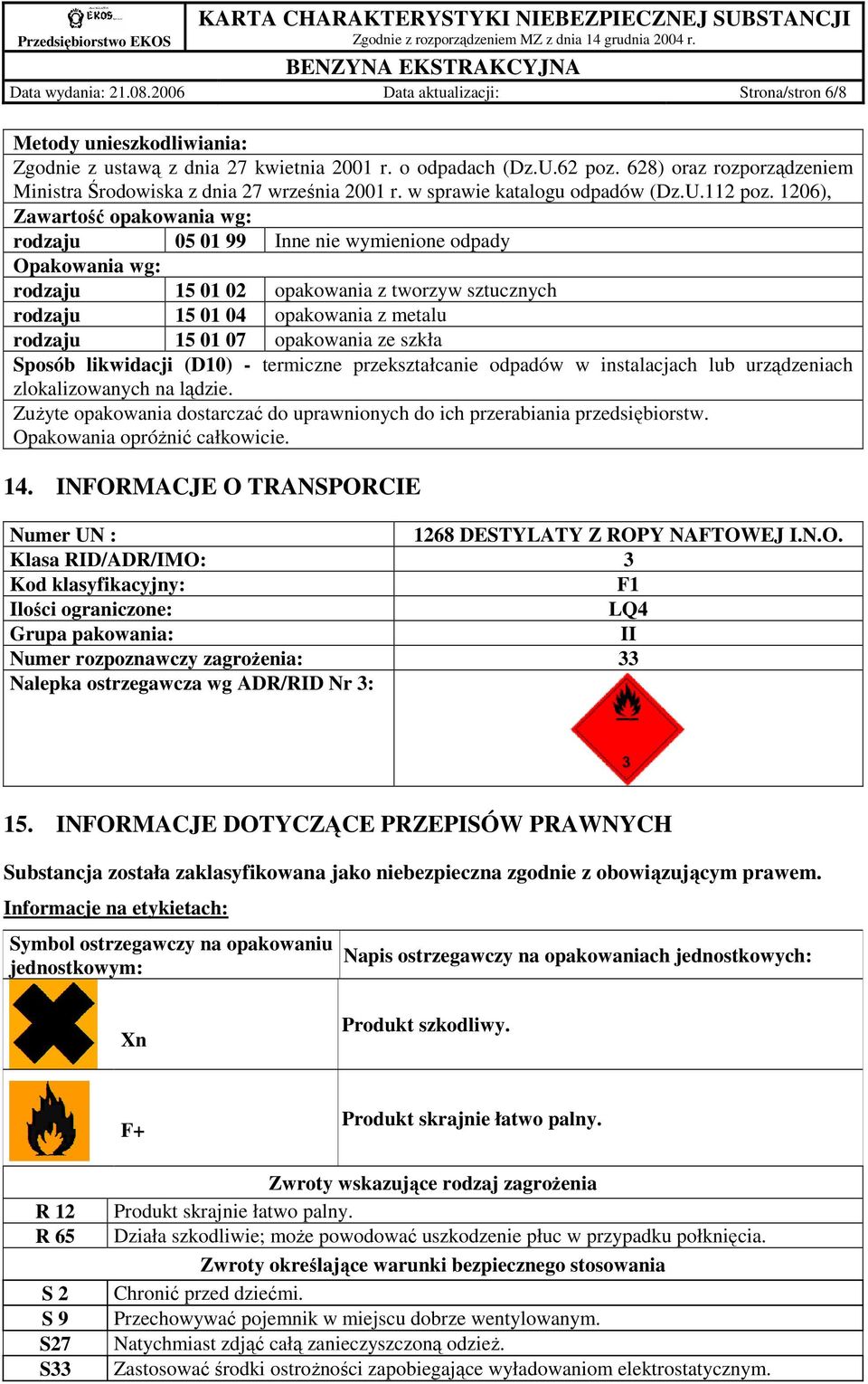 1206), Zawartość opakowania wg: rodzaju 05 01 99 Inne nie wymienione odpady Opakowania wg: rodzaju 15 01 02 opakowania z tworzyw sztucznych rodzaju 15 01 04 opakowania z metalu rodzaju 15 01 07