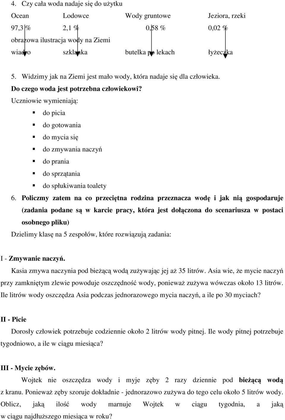 Uczniowie wymieniają: do picia do gotowania do mycia się do zmywania naczyń do prania do sprzątania do spłukiwania toalety 6.