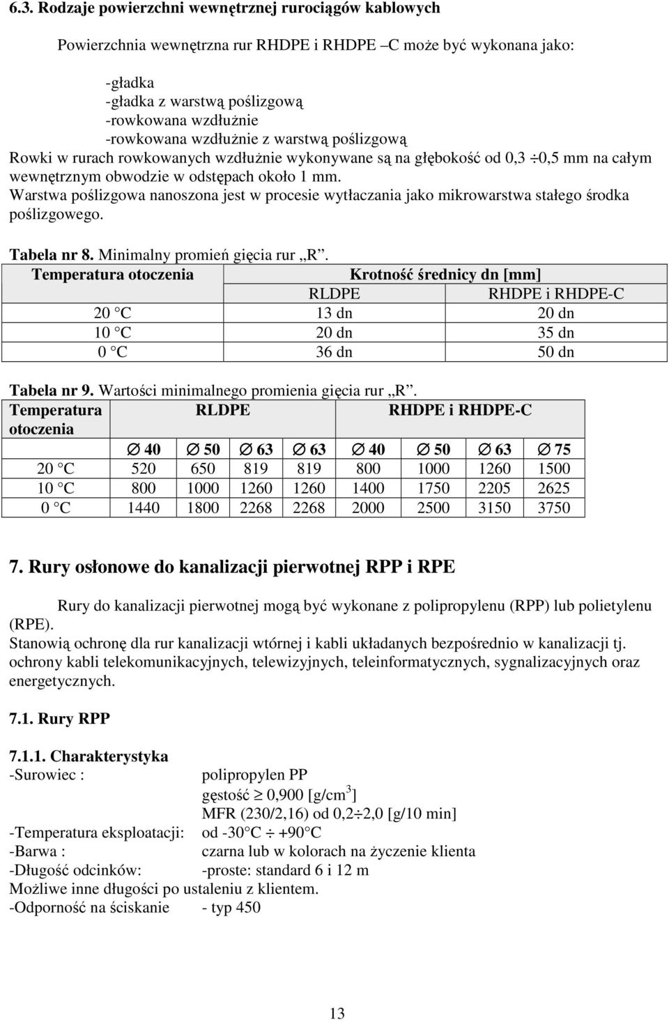 Warstwa poślizgowa nanoszona jest w procesie wytłaczania jako mikrowarstwa stałego środka poślizgowego. Tabela nr 8. Minimalny promień gięcia rur R.