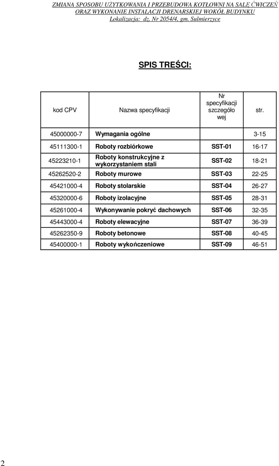 SST-02 18-21 45262520-2 Roboty murowe SST-03 22-25 45421000-4 Roboty stolarskie SST-04 26-27 45320000-6 Roboty izolacyjne SST-05