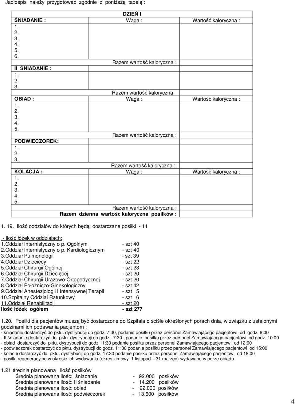 19. Ilość oddziałów do których będą dostarczane posiłki - 11 - Ilość łóżek w oddziałach: 1.Oddział Internistyczny o p. Ogólnym - szt 40 2.Oddział Internistyczny o p. Kardiologicznym - szt 40 3.