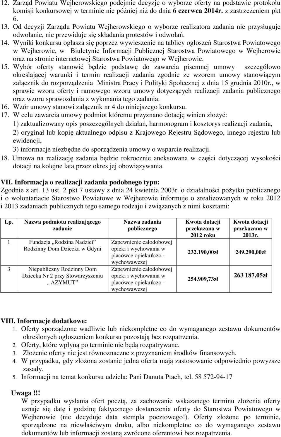 Wyniki konkursu ogłasza się poprzez wywieszenie na tablicy ogłoszeń Starostwa Powiatowego w Wejherowie, w Biuletynie Informacji Publicznej Starostwa Powiatowego w Wejherowie oraz na stronie