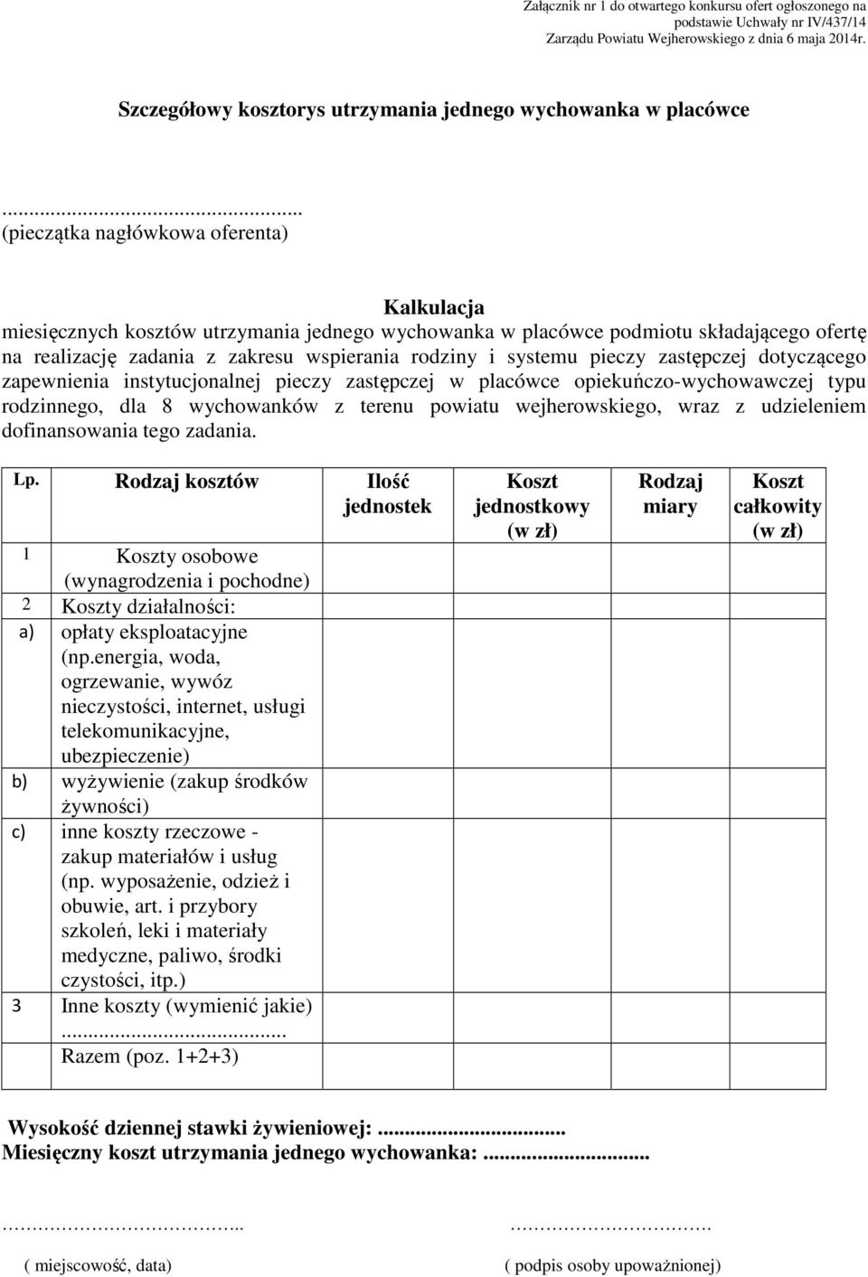 .. (pieczątka nagłówkowa oferenta) Kalkulacja miesięcznych kosztów utrzymania jednego wychowanka w placówce podmiotu składającego ofertę na realizację zadania z zakresu wspierania rodziny i systemu