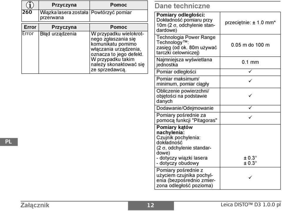 0 mm* 10m (2 σ, odchylenie standardowe) Technologia ower Range Technology : 0.05 m do 100 m zasięg (od ok. 80m używać tarczki celowniczej) ajmniejsza wyświetlana 0.