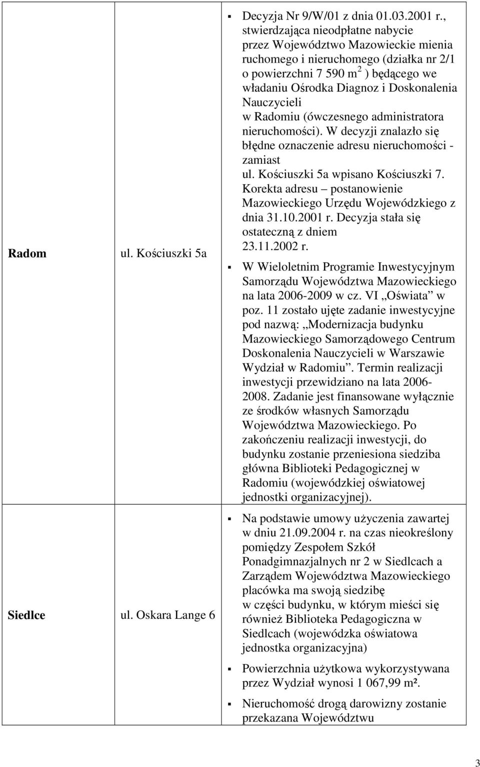 Nauczycieli w Radomiu (ówczesnego administratora nieruchomości). W decyzji znalazło się błędne oznaczenie adresu nieruchomości - zamiast ul. Kościuszki 5a wpisano Kościuszki 7.