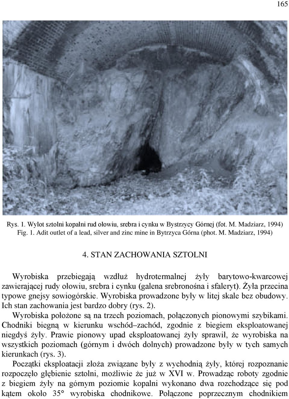 Żyła przecina typowe gnejsy sowiogórskie. Wyrobiska prowadzone były w litej skale bez obudowy. Ich stan zachowania jest bardzo dobry (rys. 2).
