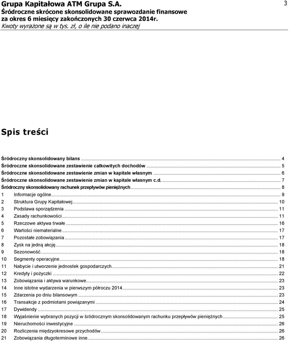 .. 10 3 Podstawa sporządzenia... 11 4 Zasady rachunkowości... 11 5 Rzeczowe aktywa trwałe... 16 6 Wartości niematerialne... 17 7 Pozostałe zobowiązania... 17 8 Zysk na jedną akcję... 18 9 Sezonowość.